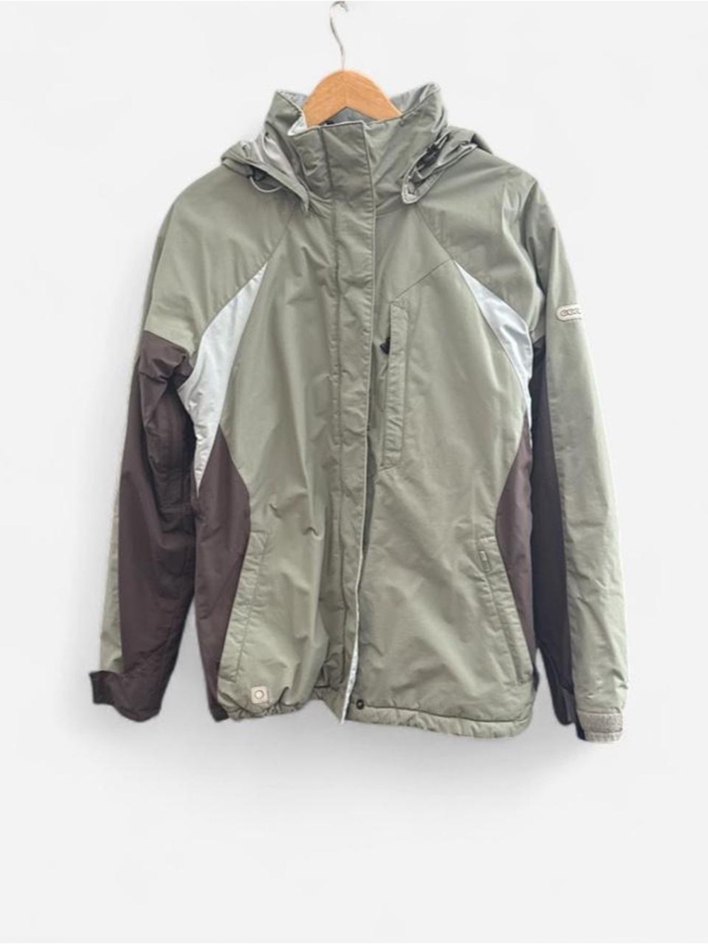 Hooded Olive Green and Dark Brown Ski Jacket with Silver Accents